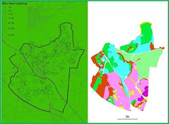 Avistamientos de venado (izquierda) y los hábitats (derecha) cartografiados por los residentes de una comunidad local de Reino Unido.